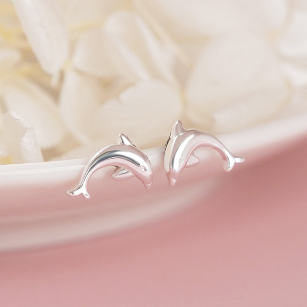 銀月光輝海豚 耳針/無耳洞黏貼式耳環